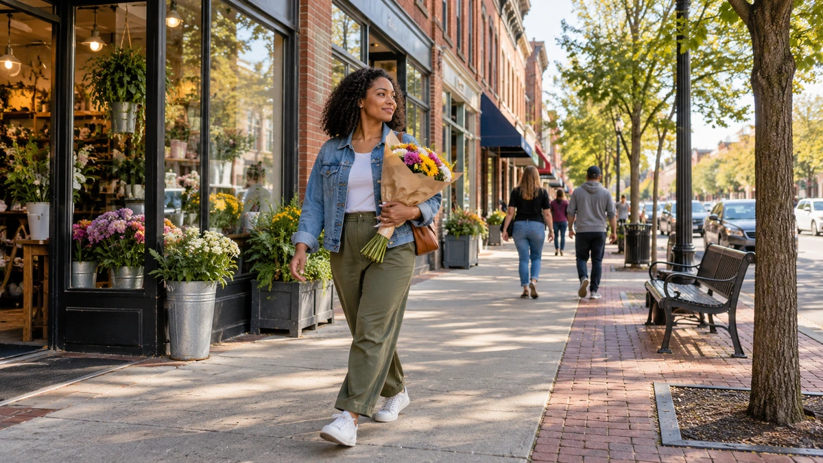 A woman carries a paper-wrapped bouquet along a brick shopping street