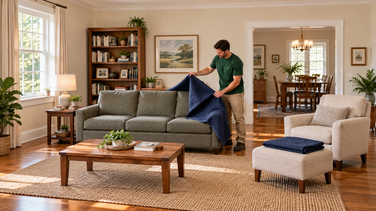 A male mover lifts a loose navy pad from a placed sofa in a furnished living room