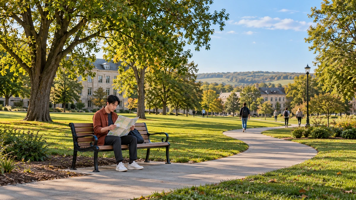 A man reads a folded map on a bench beside a green university-style public space