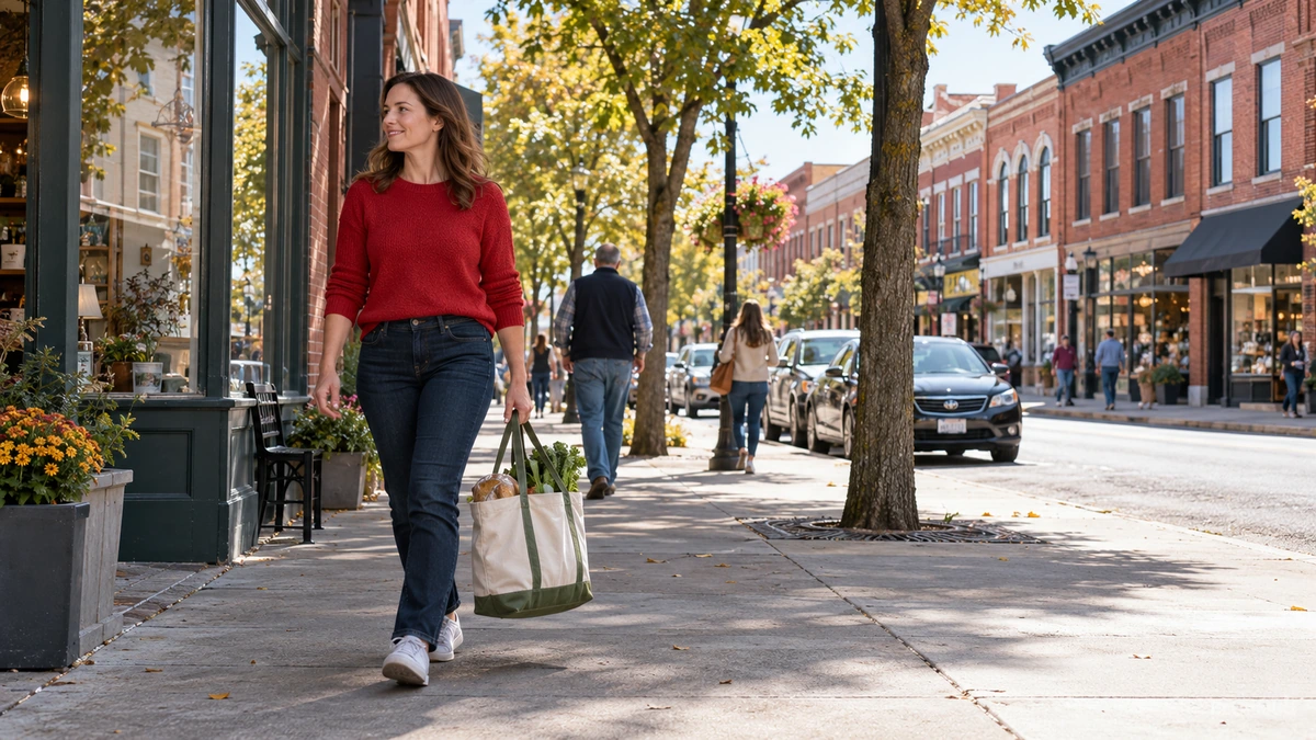 A woman carries a canvas shopping bag along a downtown sidewalk