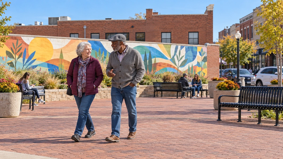 Two older adults walk together across a brick public space beside a colorful mural