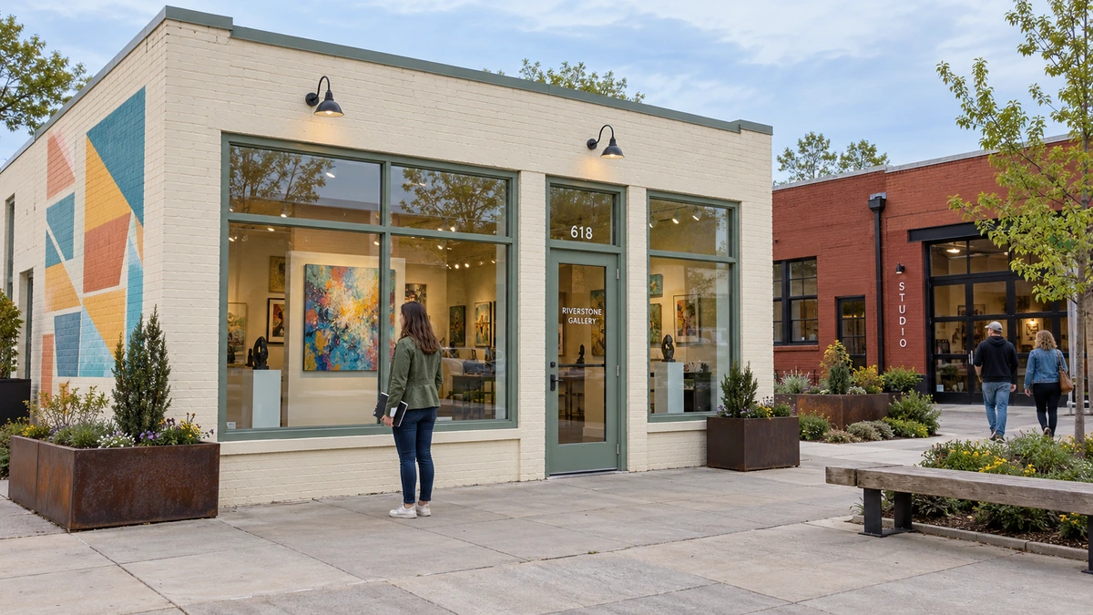 A woman looks at paintings through the window of a low cream-brick gallery