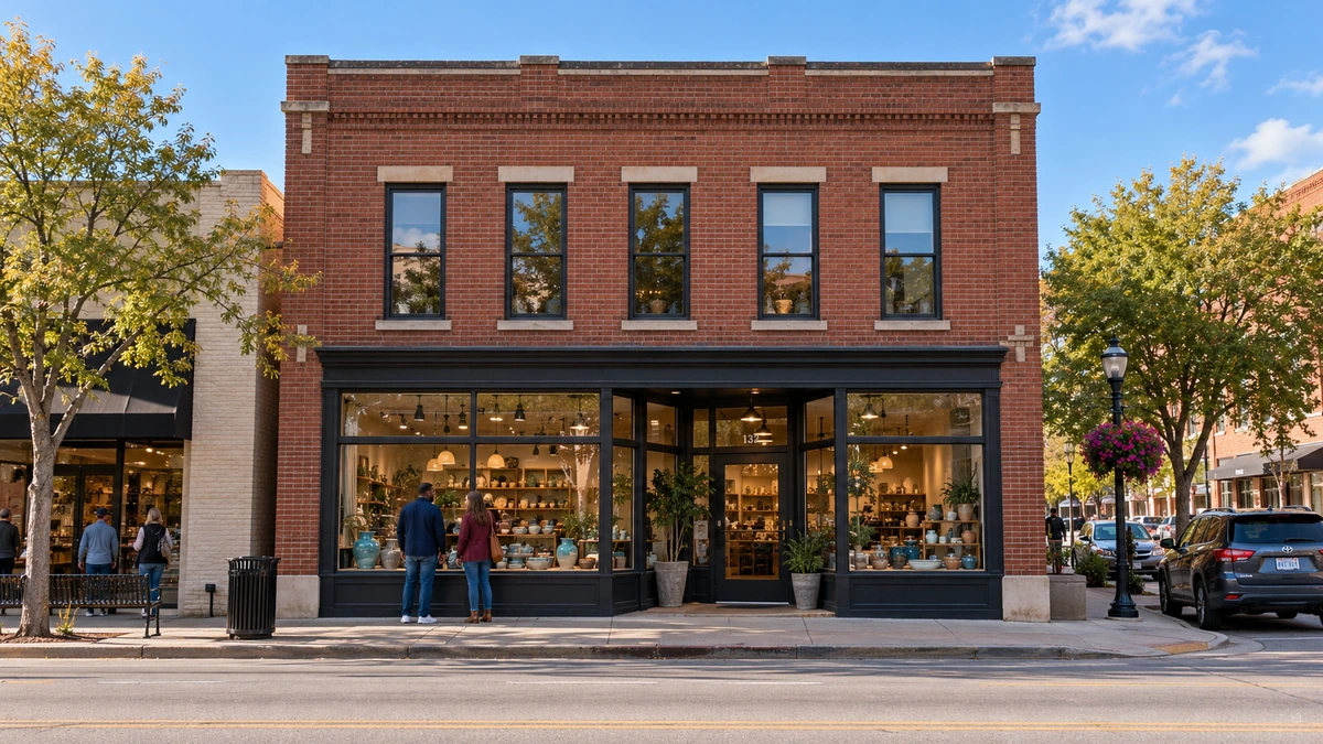 Two adults look at pottery through the window of a two-story brick shop