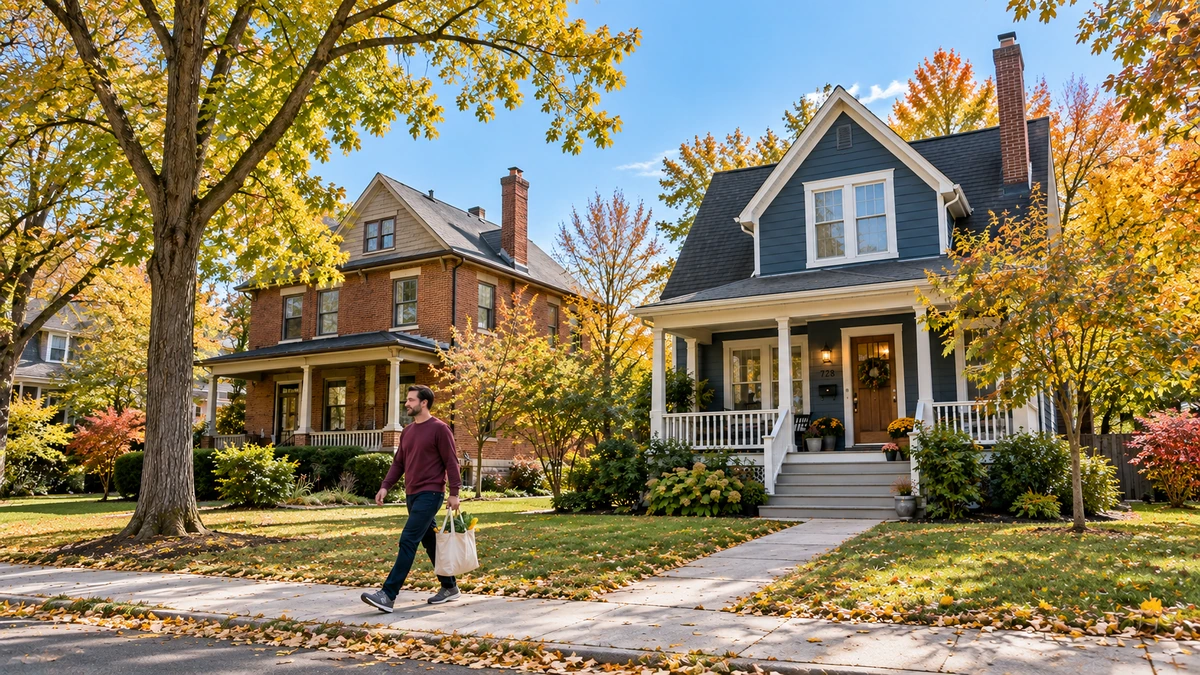 Bowling Green neighborhood houses and a grocery walk A man carries a grocery bag past brick and painted houses on an autumn sidewalk