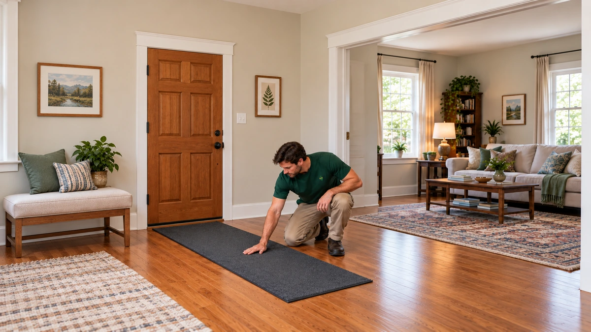 Kentucky cottage entrance and a flat protective runner A male mover smooths a finite protective runner inside a furnished cottage entrance