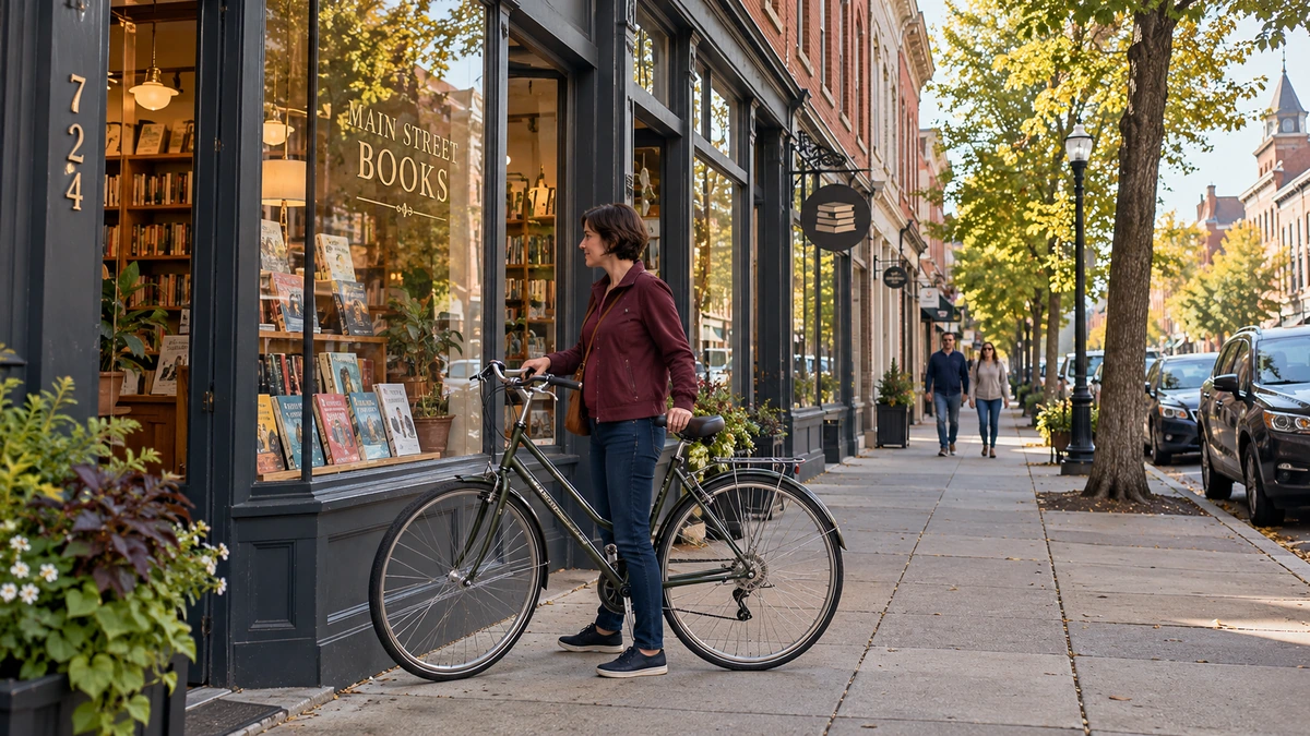 Covington neighborhood bookstore and a bicycle pause A woman stands beside a bicycle outside a brick-front bookstore