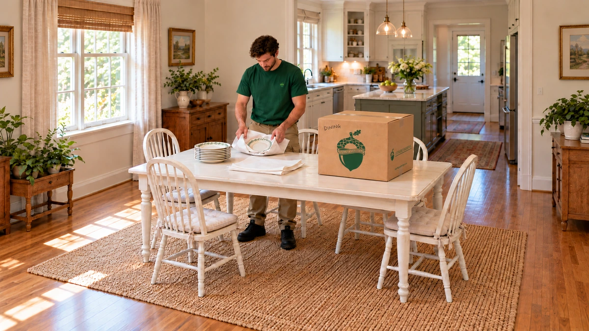 Kentucky dining room and paper packing for tableware A male packer folds paper around a ceramic plate beside a sealed branded carton