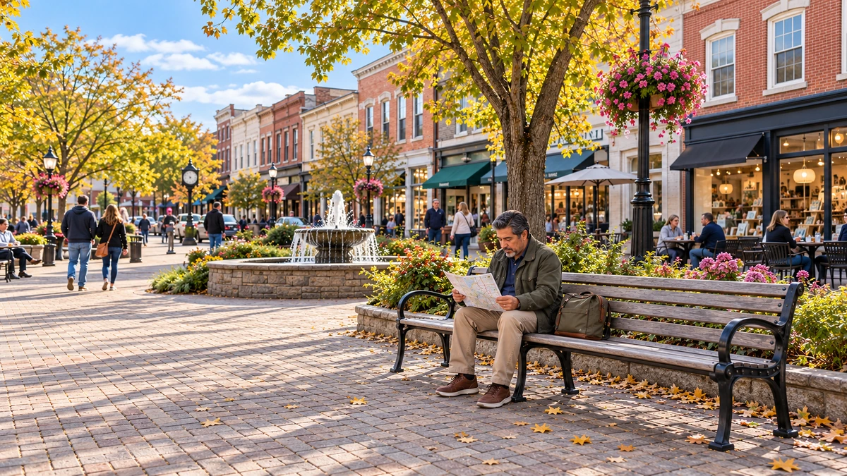 Frankfort public square and a map-reading pause A man reads a folded map on a bench in a brick downtown square