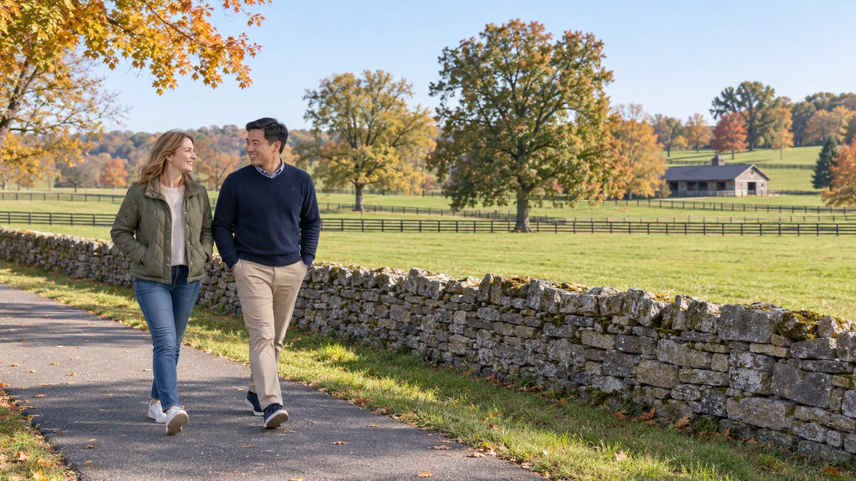 Georgetown-area pasture and a limestone-wall walk A couple walks on a paved path beside a limestone wall and green pasture
