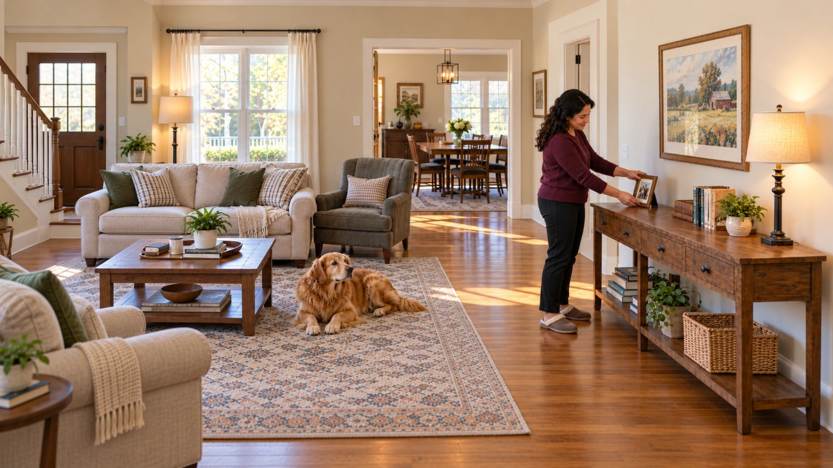 Kentucky home and a familiar photograph after arrival A woman sets a framed photograph on a console while a dog rests on the rug