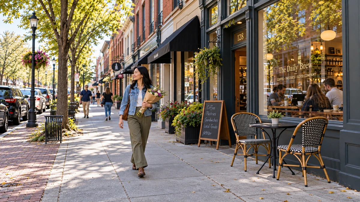 Lexington city sidewalk and a flower-carrying walk A woman carries flowers past a cafe with a sidewalk table and chairs
