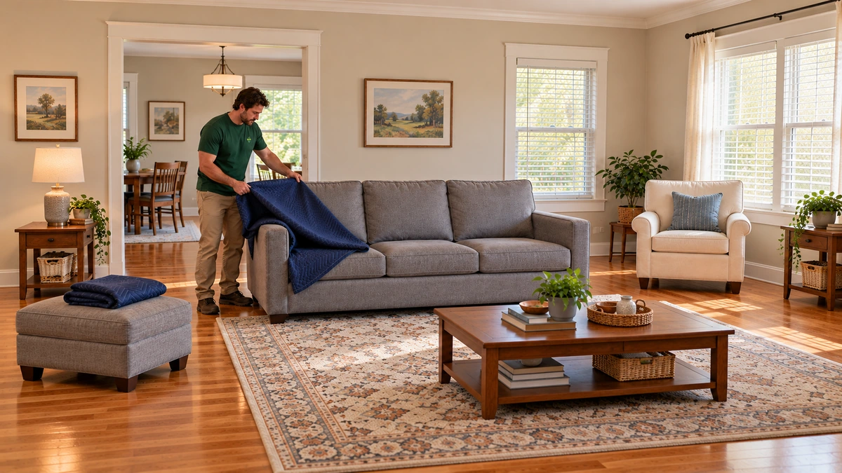 Kentucky living room and sofa-pad removal A male mover lifts a loose navy pad from a placed gray sofa in a furnished room
