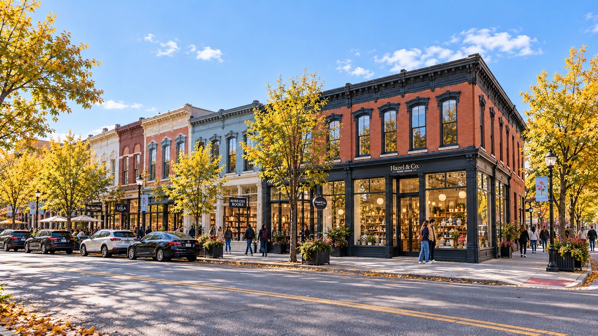 Louisville downtown block and everyday shopfront life People browse shop windows along a brick and cast-iron downtown block
