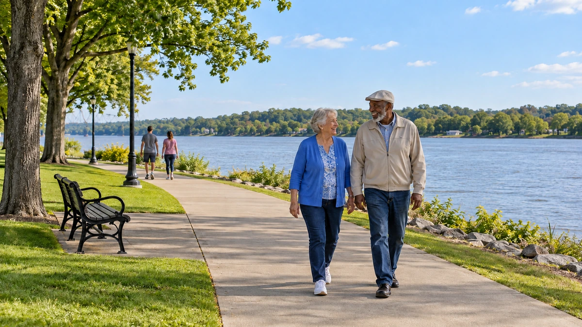 Owensboro-area riverfront path and an ordinary walk An older couple walks beside a river with a wooded opposite bank