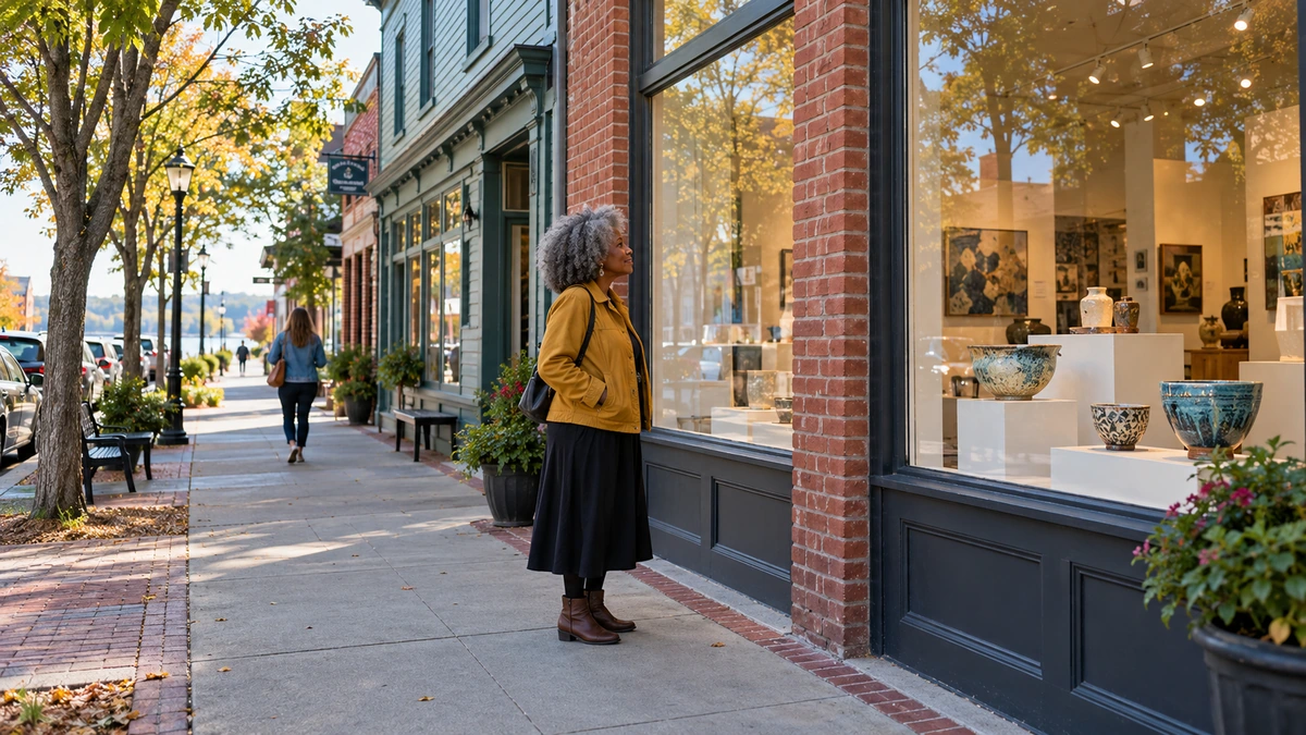 Paducah arts-street window and ceramic display A woman in a mustard jacket looks at ceramics through a gallery window