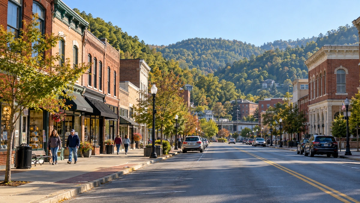 Pikeville-style downtown street beneath wooded hills A brick downtown street leads toward wooded Appalachian hills