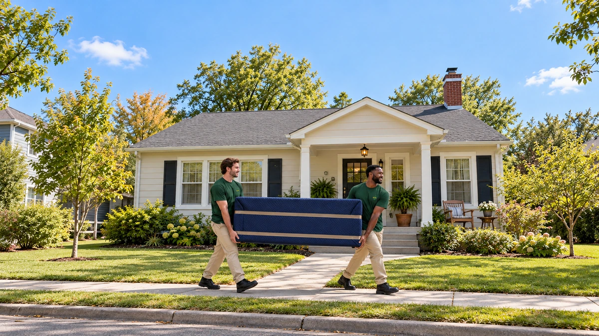 Kentucky porch-front home and a protected cabinet carry Two male movers carry a navy-padded cabinet along a level residential sidewalk