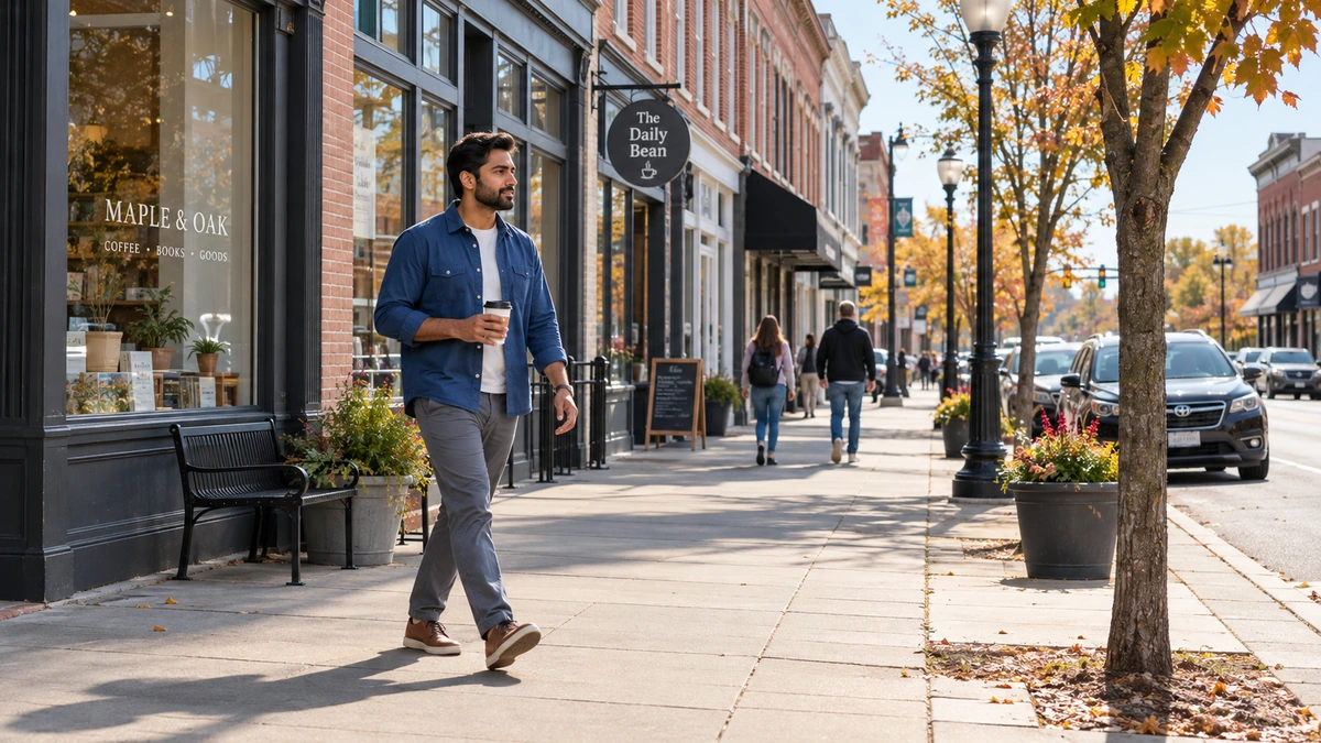 Richmond downtown shops and an ordinary coffee walk A man carries a takeaway cup along a brick downtown sidewalk