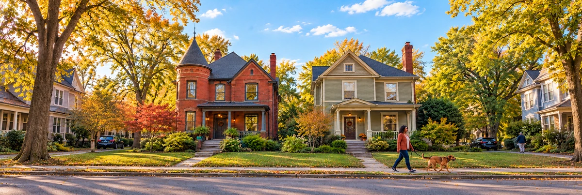 Kentucky Victorian houses and an autumn neighborhood walk A woman walks a brown dog past brick and painted Victorian houses in autumn