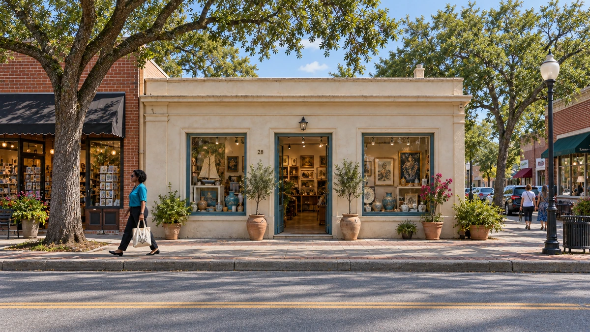 A woman carries a canvas tote past a cream shop with art displays
