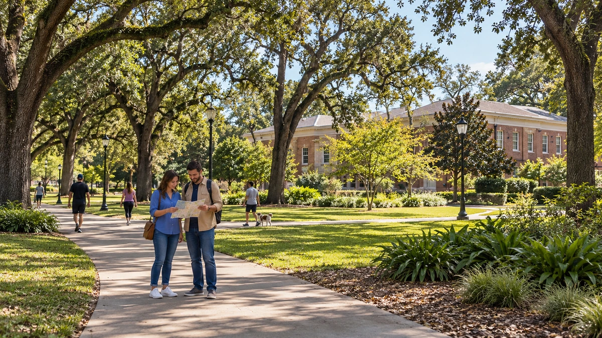 Two adults look at a paper map on a shaded park path
