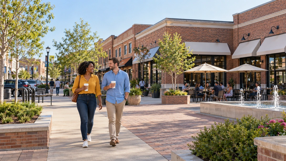 Two adults carry takeaway coffees through a paved plaza