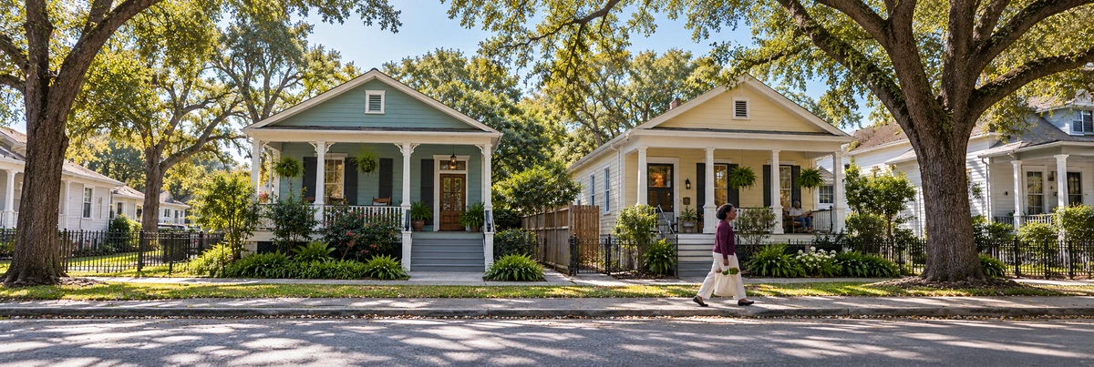 A woman carries a canvas grocery bag past two raised cottages
