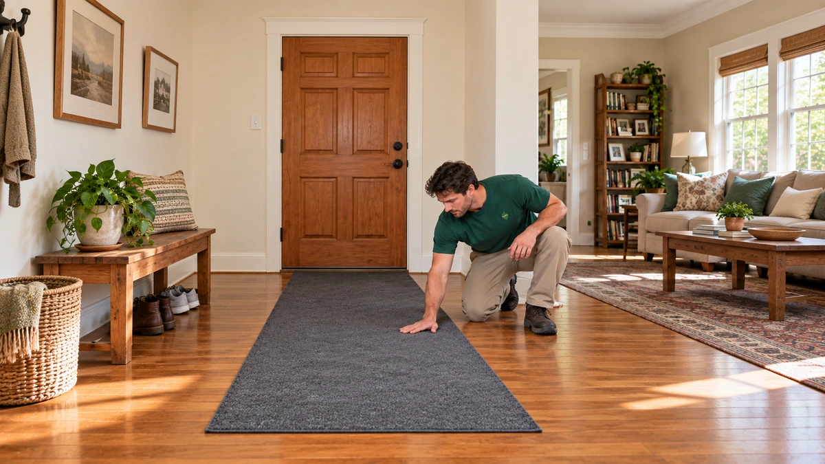 A mover smooths a finite gray floor runner beside a closed entrance door