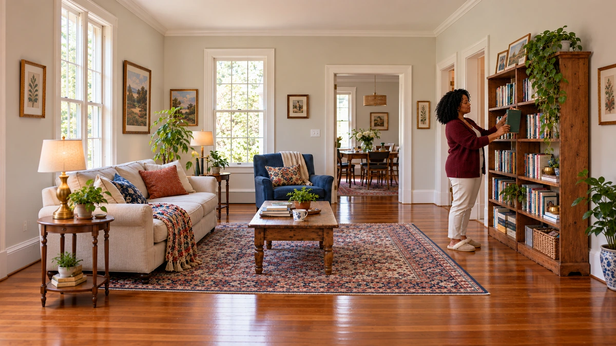 A woman holds an upright book at a wooden bookcase in a furnished living room