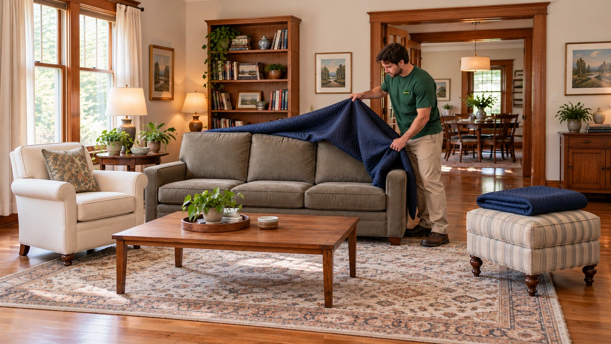 A mover lifts a loose blue blanket from a three-seat sofa