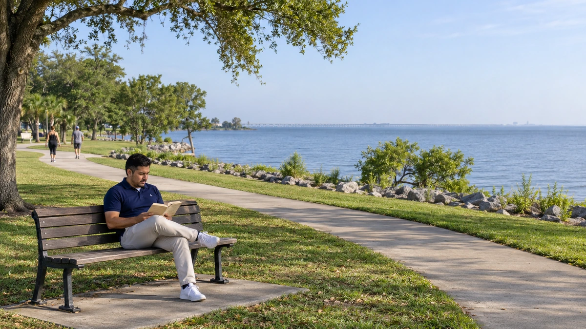 A man reads a book on a bench beside a broad lake