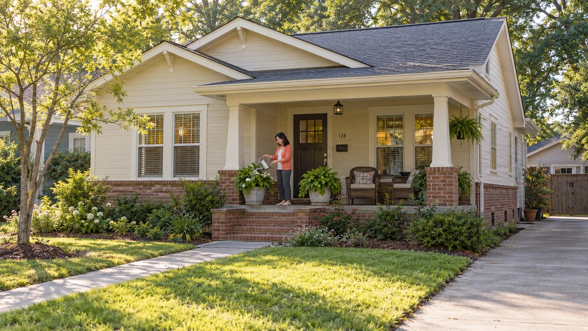 A woman waters a planter on a covered front porch