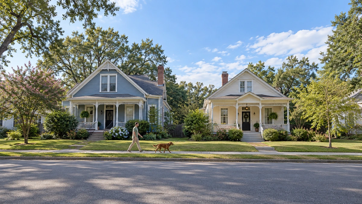 A man walks a brown dog past two gabled wood-sided houses
