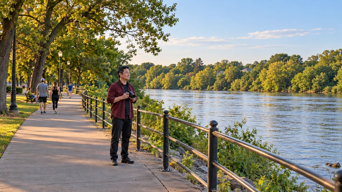 A man holds a camera beside a tree-lined river path