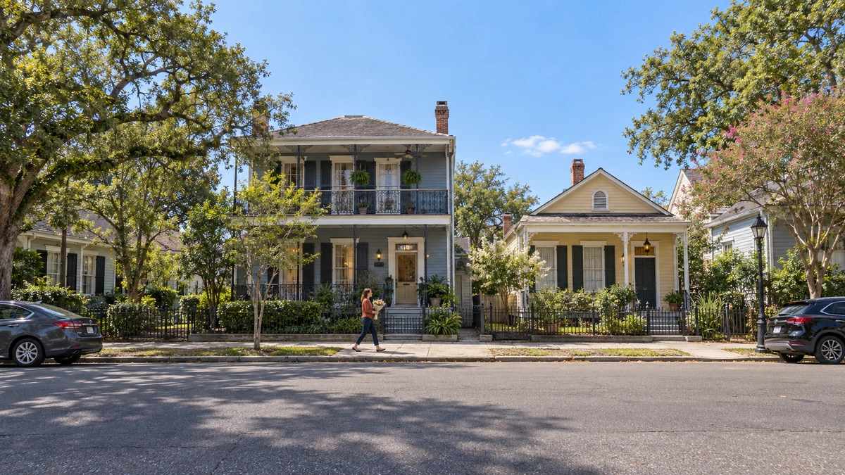 A woman carries a bouquet past two wood-sided houses