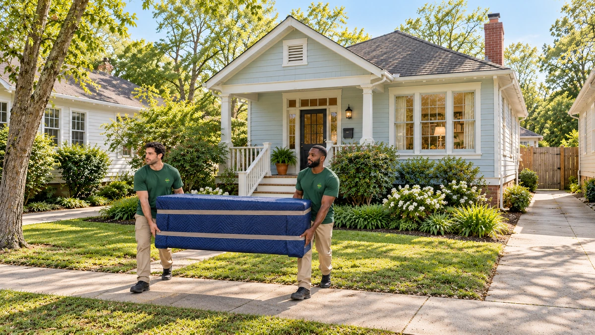 Two movers hold opposite ends of a blanket-wrapped load outside a raised cottage