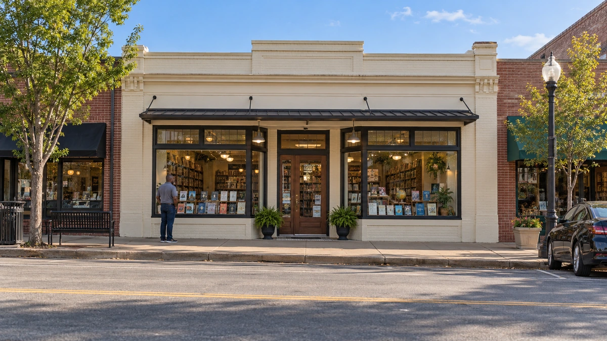 A man looks at books displayed in a shop window