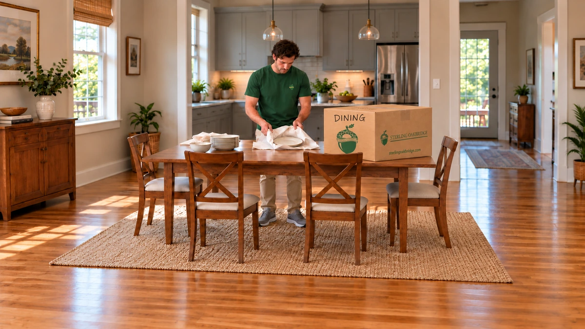A packer folds white paper around a plate on a dining table beside a labeled carton