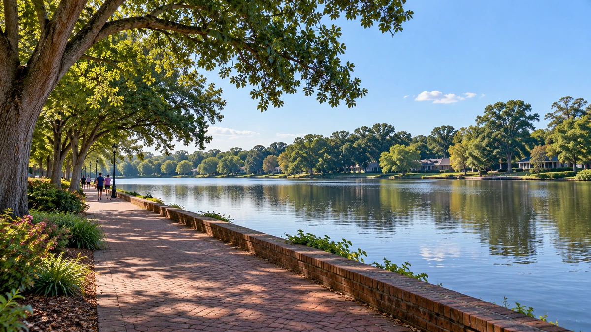 Small groups walk along a shaded brick path beside calm water