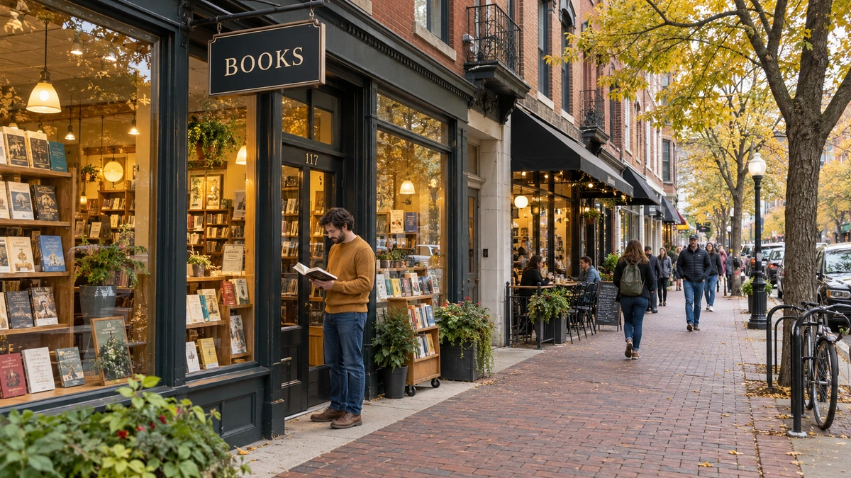 Michigan Ann Arbor bookshop street with a reader A man browses an open book outside a bookshop on a brick sidewalk