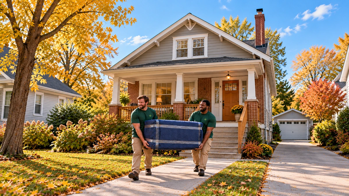 Michigan brick and clapboard home with protected cabinet carry Two male movers carry a quilt-wrapped cabinet along a path in front of a brick and clapboard house
