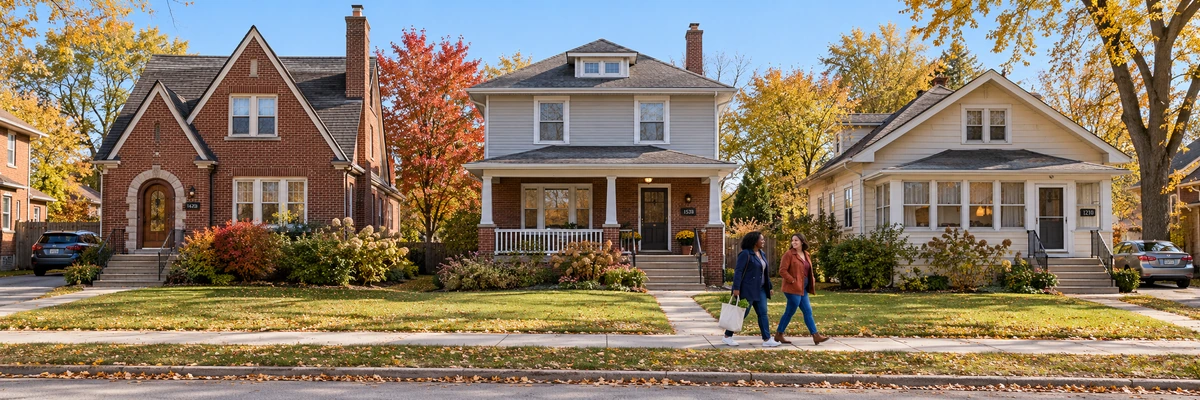 Michigan brick and clapboard homes with two women walking Two women walk along a sidewalk in front of Michigan brick and clapboard houses