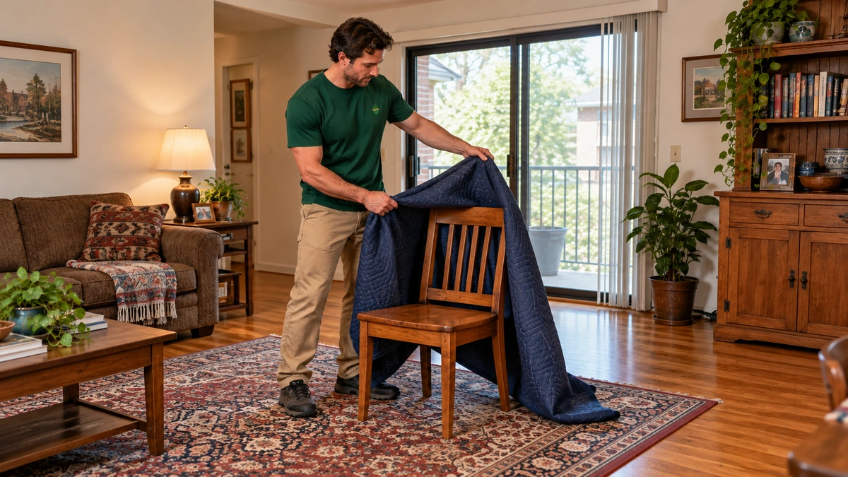 Michigan condominium chair unwrapping after placement A male mover draws a loose quilt back from a wooden chair standing on a rug