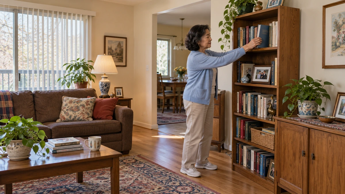 Michigan condominium living room with a resident arranging books A woman places a blue book on a wooden shelf beside other books