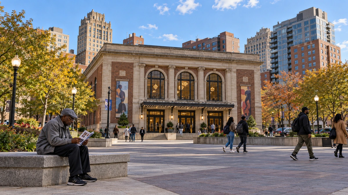 Michigan Detroit cultural plaza with a man reading An older man reads a program on a stone bench beside an urban cultural plaza