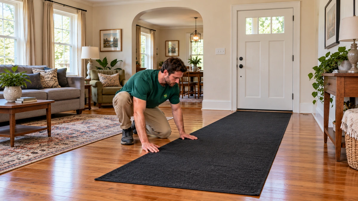 Michigan furnished home with entrance floor protection A male mover kneels beside a flat floor runner and smooths its edge near the entrance