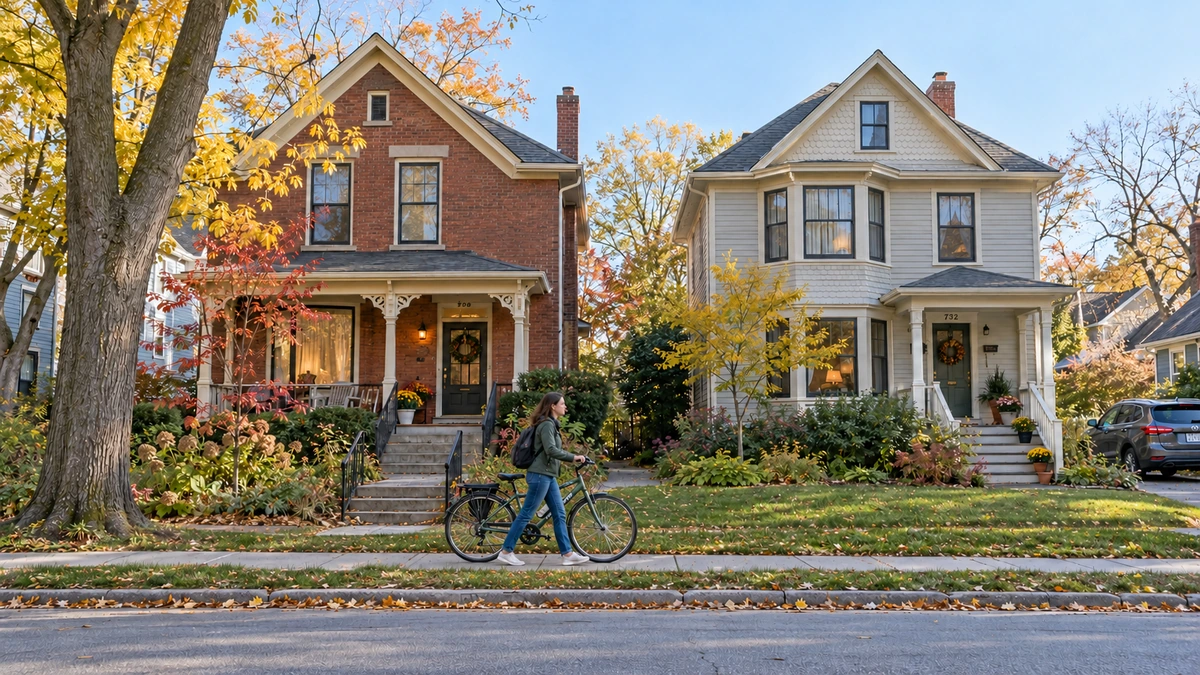 Michigan Grand Rapids historic homes and bicycle walk A woman walks a bicycle on a sidewalk in front of two historic houses