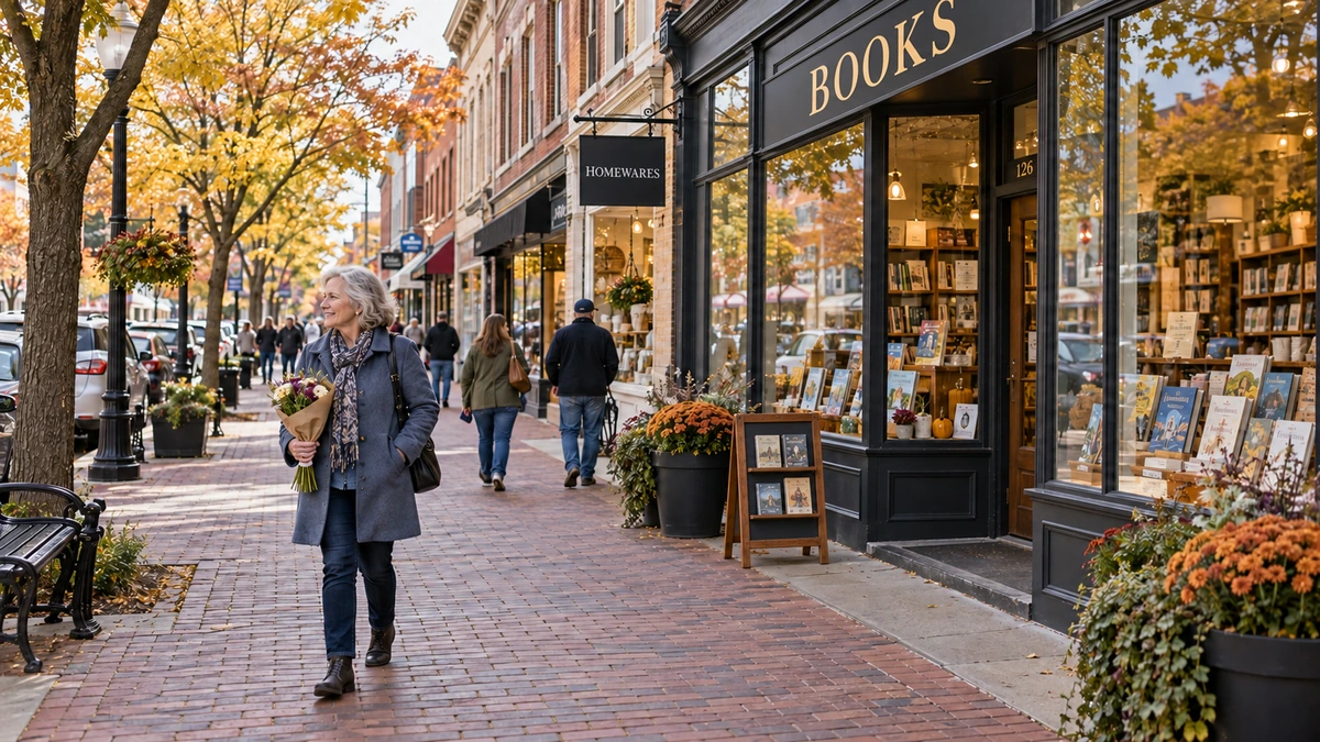 Michigan Holland shopping street and woman carrying flowers An older woman carries paper-wrapped flowers along a brick shopping sidewalk