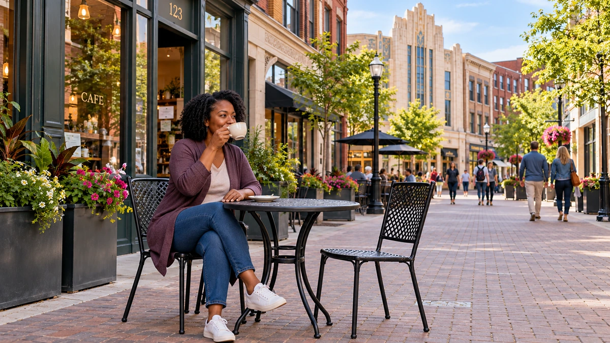 Michigan Kalamazoo pedestrian café and coffee drinker A woman drinks coffee at an outdoor table on a pedestrian shopping street