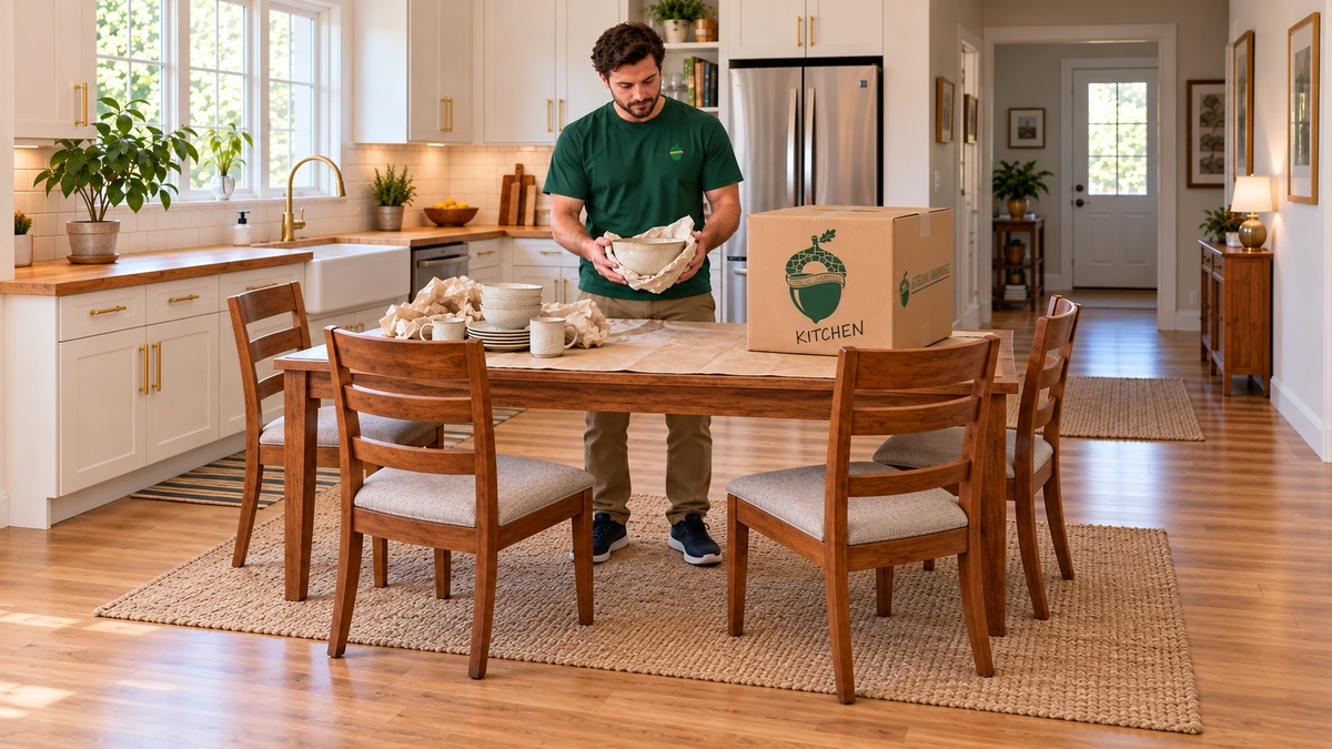 Michigan kitchen packing with a supported bowl A male mover supports a bowl in packing paper beside a closed Sterling Oakbridge carton